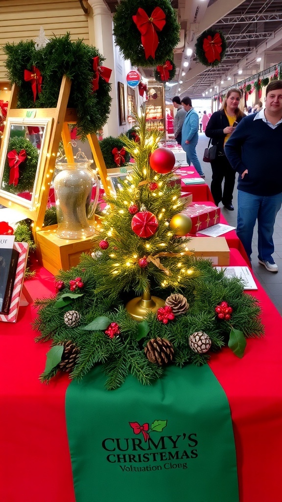 A festive Christmas vendor table with a red tablecloth, a small decorated tree, fairy lights, and seasonal decorations.